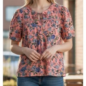 Loft Medium Pink Multicolor Floral Print Cece Peasant Blouse